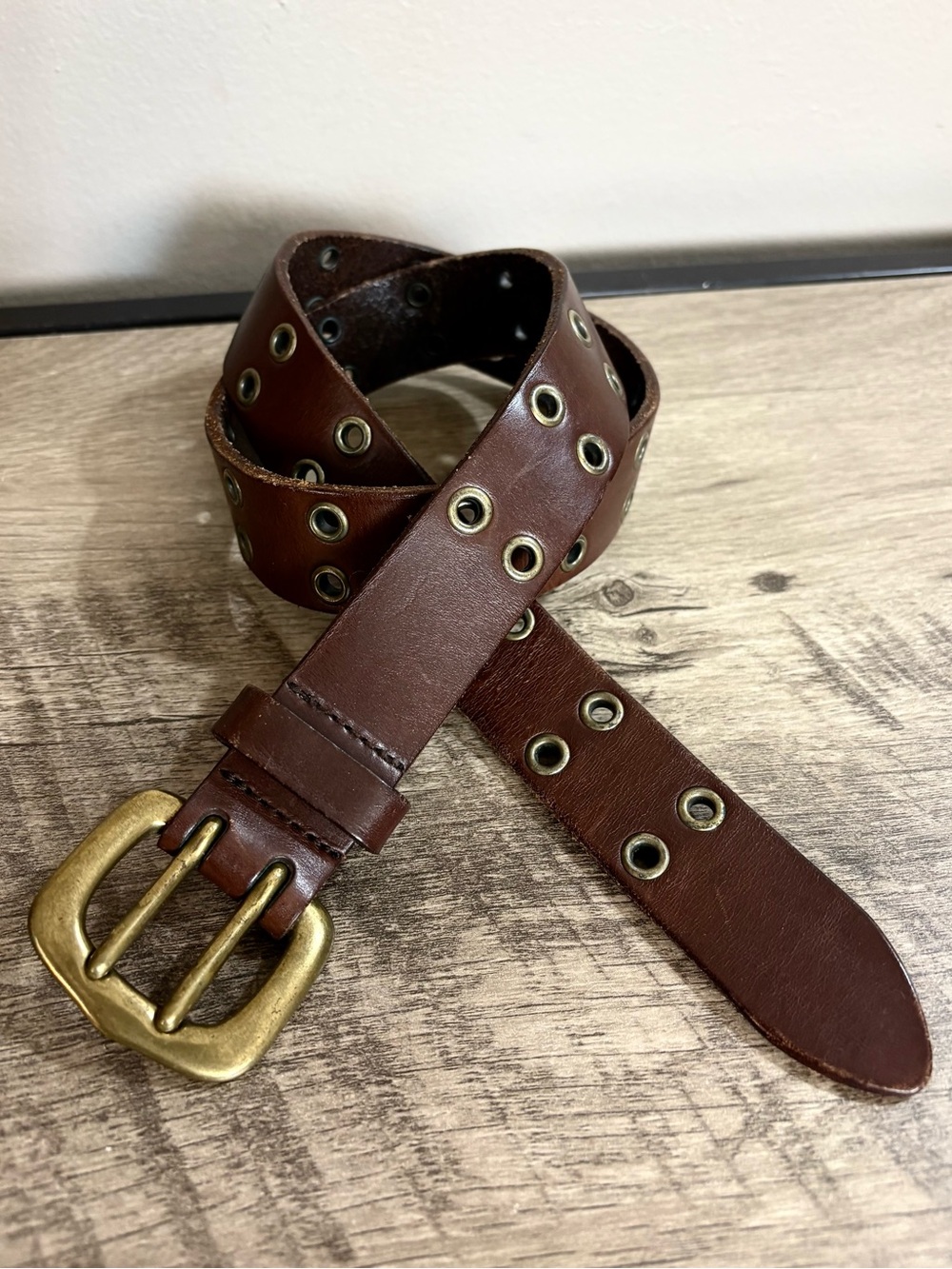 Chocolate Brown LEATHER Double BRASS Grommets DOUBLE PRONG Classic BELT  L